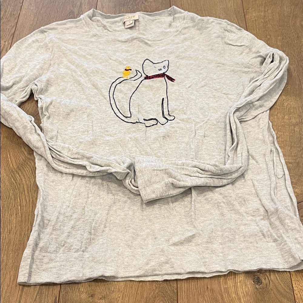 J. Crew Gray Cat and Bird Embroidered Shirt